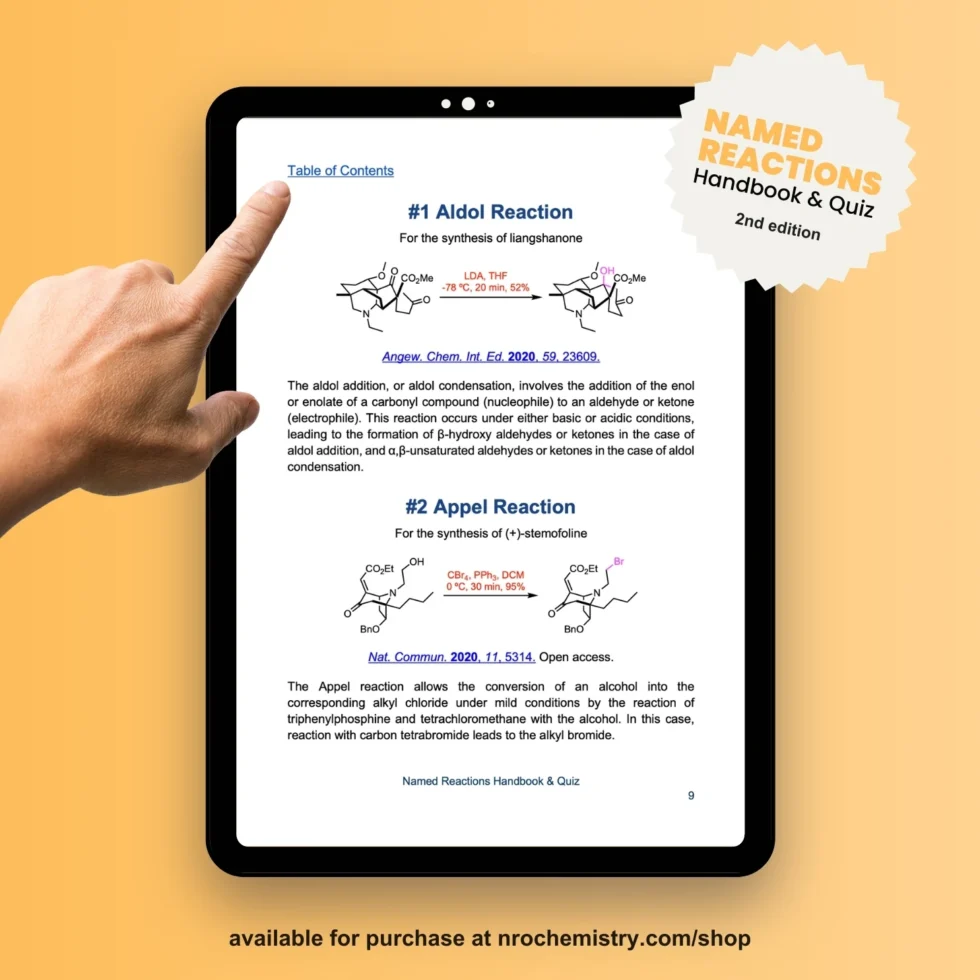 Named Reactions Handbook & Quiz ebook - 2nd edition - reactions preview on a tablet