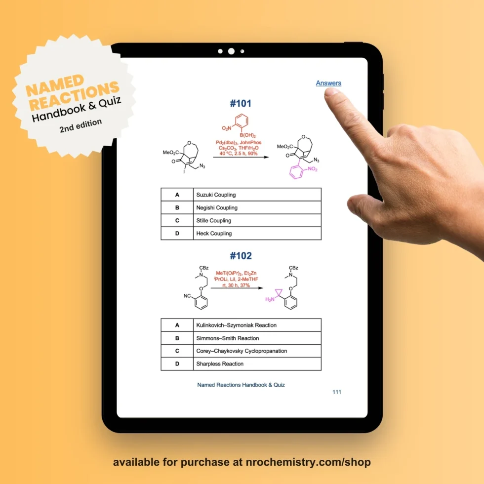Named Reactions Handbook & Quiz ebook - 2nd edition - quiz preview on a tablet